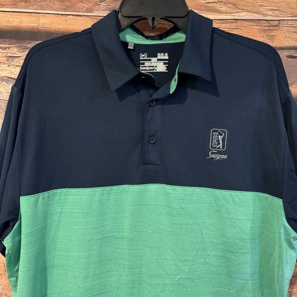 Under Armour TPC Saltgrass Polo Shirt L Short Sleeve Golf Blue Green Colorblock - Picture 2 of 6